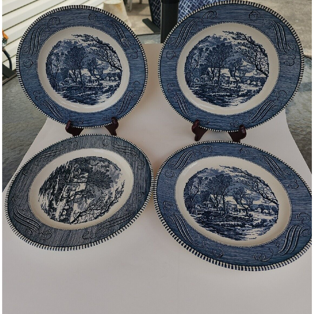 Currier and Ives "The Old Grist Mill", 10" Dinner Plates Set Of 4 By Royal China